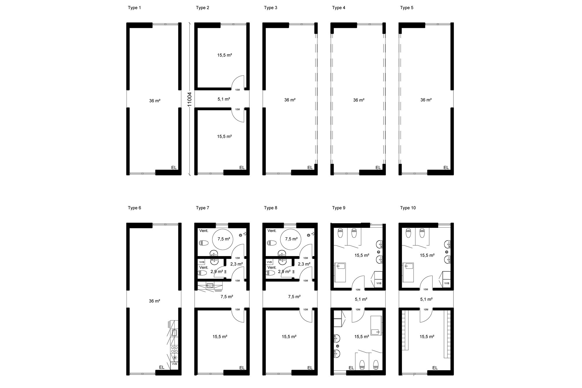 Plantegning af de forskellige muligheder i Flexicubes® 44 m² 