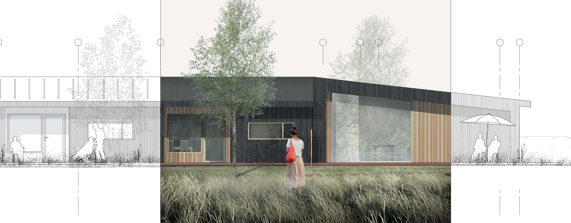 Botilbuddet Vingen kvinde foran boligerne arkitekttegnet