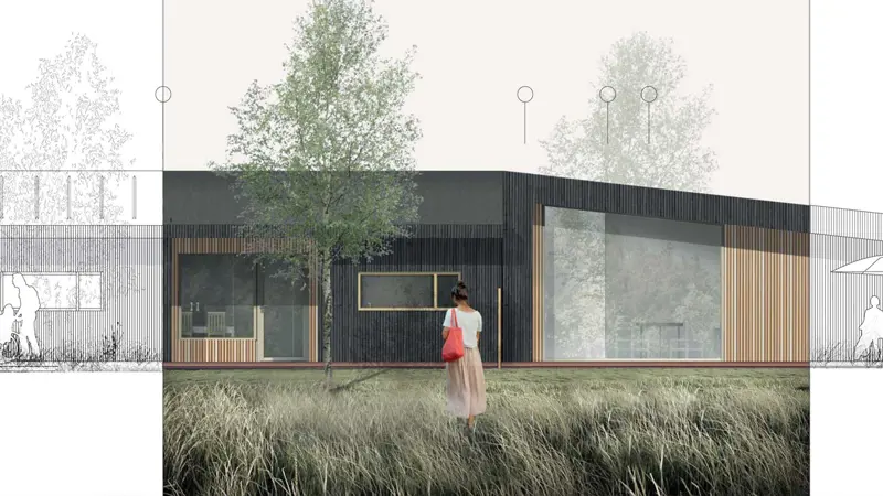 Botilbuddet Vingen kvinde foran boligerne arkitekttegnet