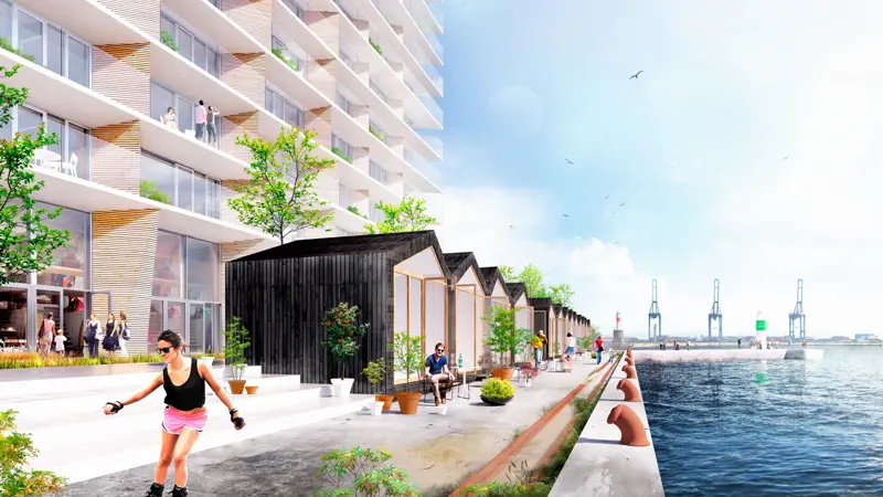 Arkitekttegning af Badehusene ved Aarhus havn bassin 7