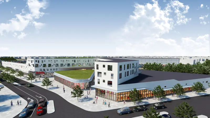 Arkitekttegning af Taastrup Torv med grønne træer, blå himmel, hvide skyer, biler som kører på vejbanen og toppen af butikscenteret.