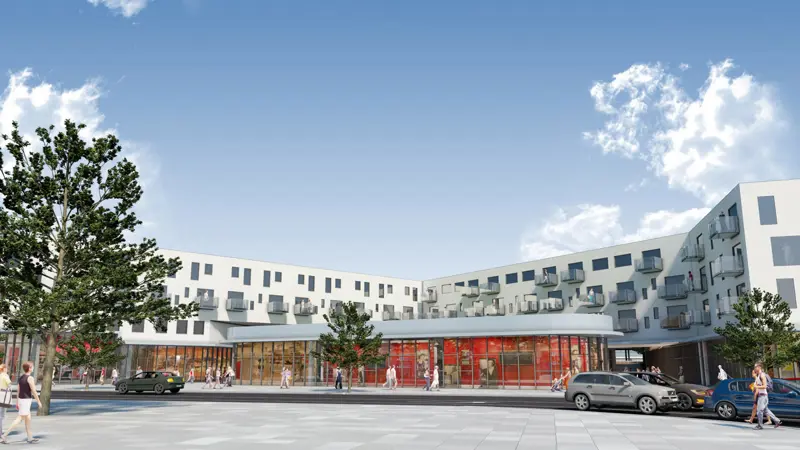 Arkitekttegning. Biler på kørebanen, som kører forbi butikscenteret. Mennesker på vej ind i butikken.