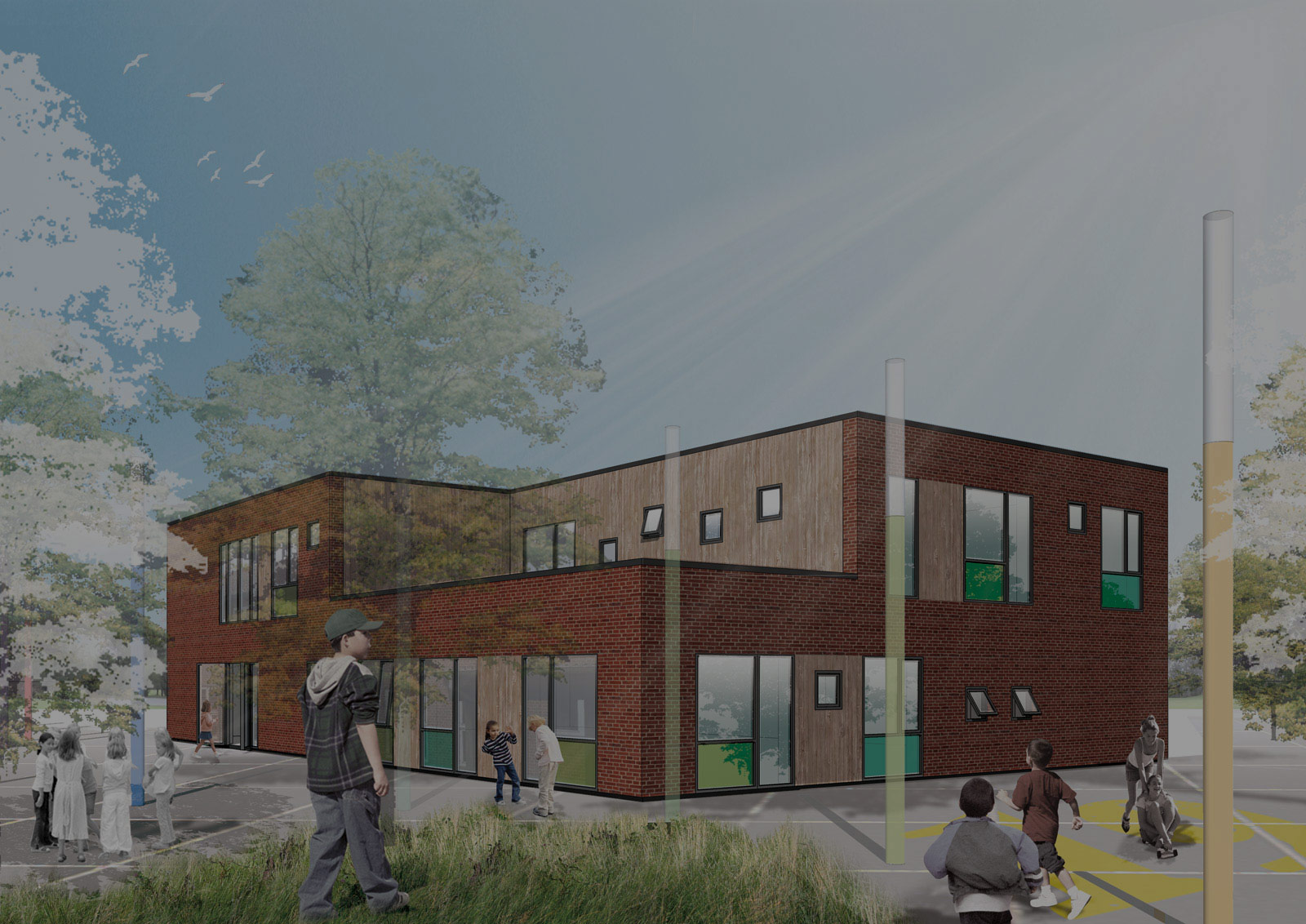 Arkitekttegning af Ishøj SFO- og indskoling med mørk lag