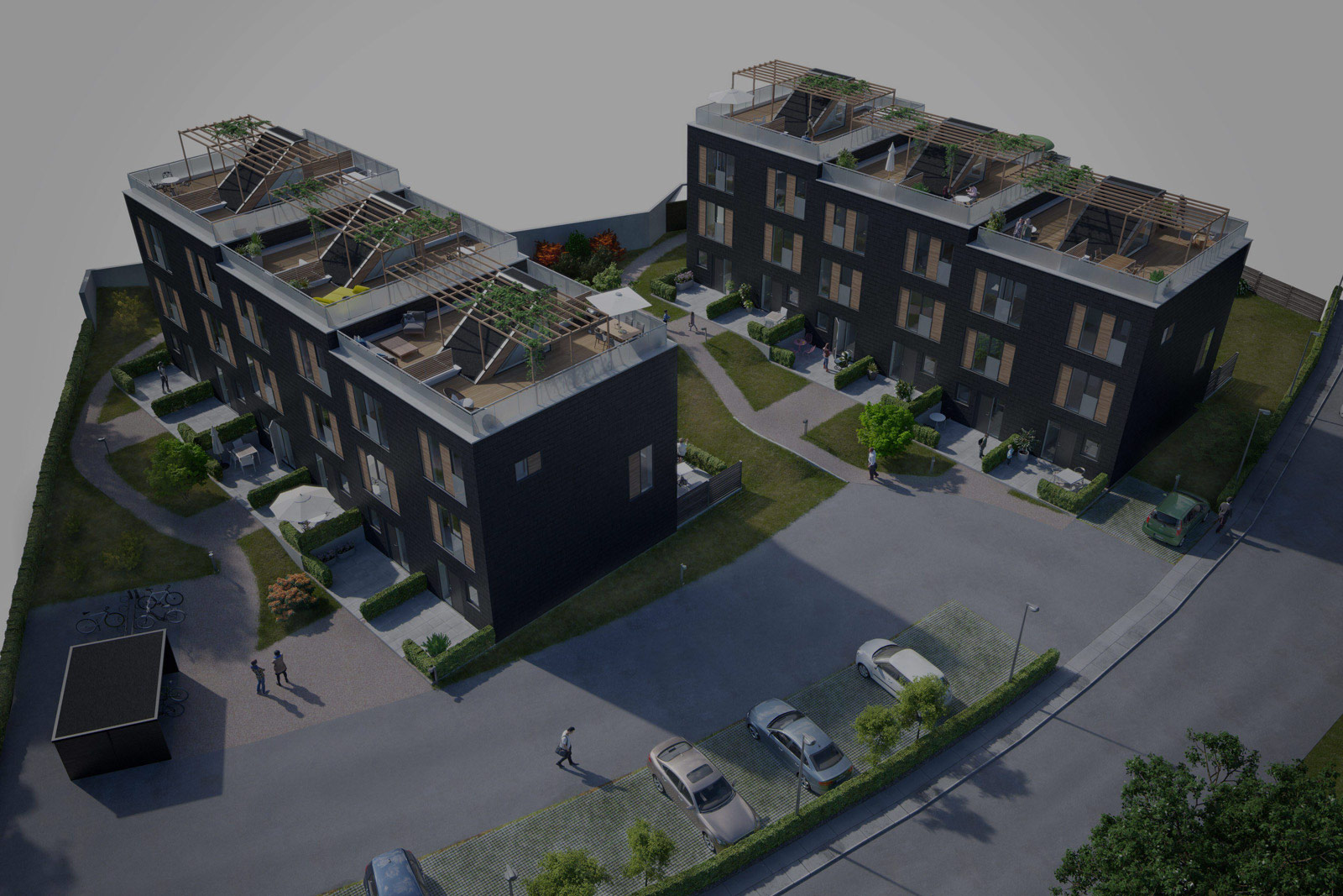 Arkitekttegning af Emdrup Have set fra oven med en mørk tonet farve over